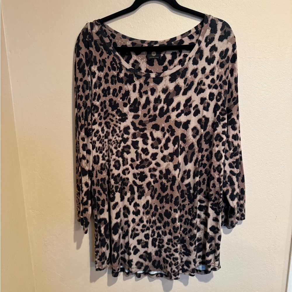 Fierce JM Collection Taupe and Black Leopard Scoop Neck Long Sleeve Top